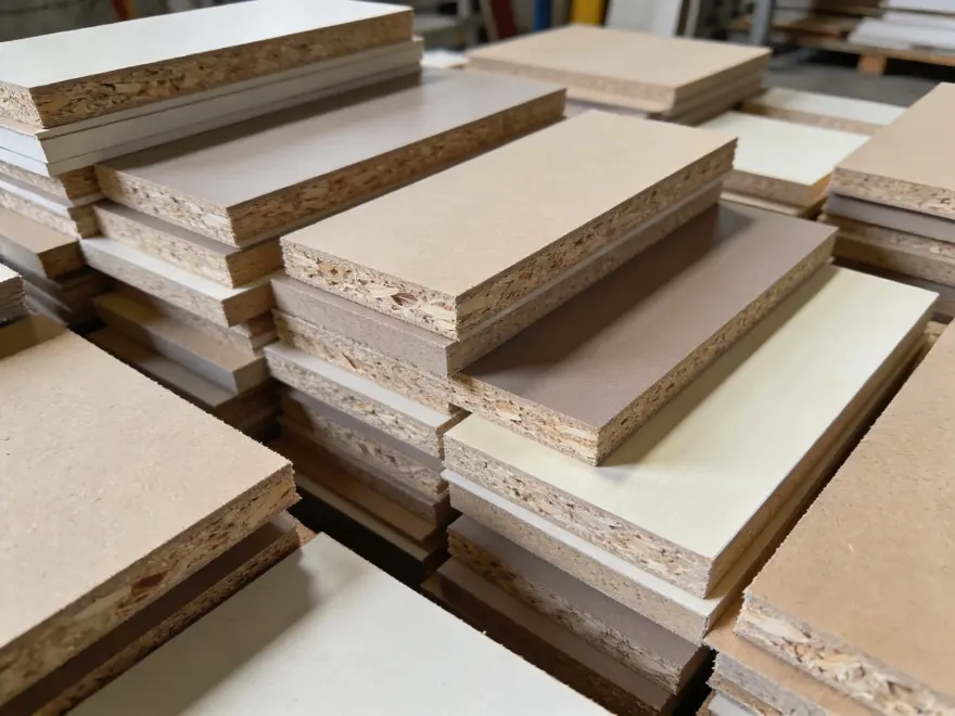 Gestapelte MDF- und Spanplattenreste aus der Möbelproduktion